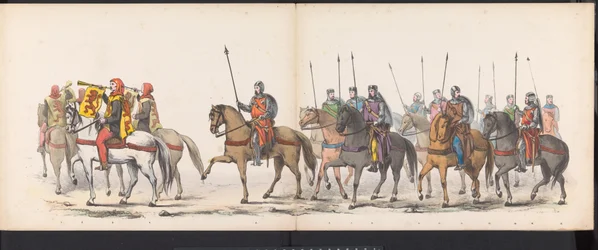 Masquerade of the Leiden Students, 1865 (skylt 1) Klädd procession som hölls av medlemmarna i Leidens studentkår den 6 juni 1865, för att fira 290-årsjubileet av Leidsche Hoogeschool, som visar: holländarnas inträde i