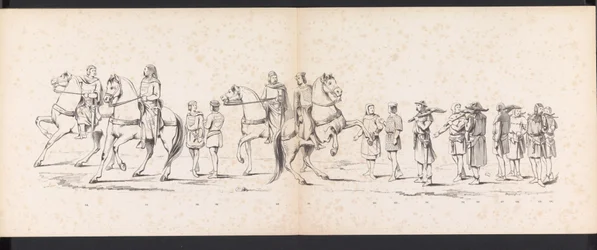 Masquerade of the Leiden Students, 1865 (skylt 10) Klädd procession som hölls av medlemmarna i Leidens studentkår den 6 juni 1865, för att fira 290-årsjubileet av Leidsche Hoogeschool, föreställande: holländarnas inträde b.