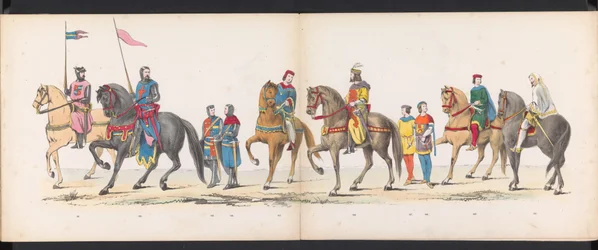 Masquerade of the Leiden Students, 1865 (skylt 12) Klädd procession som hölls av medlemmarna i Leidens studentkår den 6 juni 1865, för att fira 290-årsjubileet av Leidsche Hoogeschool, föreställande: holländarnas inträde b.