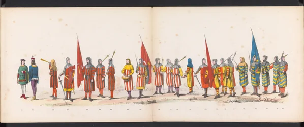 Masquerade of the Leiden Students, 1865 (skylt 13) Klädd procession som hölls av medlemmarna i Leidens studentkår den 6 juni 1865, för att fira 290-årsjubileet av Leidsche Hoogeschool, föreställande: holländarnas inträde b.