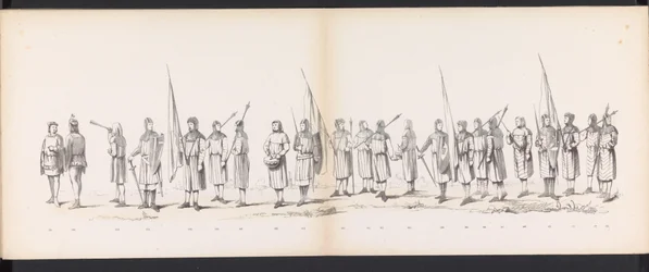 Masquerade of the Leiden Students, 1865 (skylt 13) Klädd procession som hölls av medlemmarna i Leidens studentkår den 6 juni 1865, för att fira 290-årsjubileet av Leidsche Hoogeschool, föreställande: holländarnas inträde b.