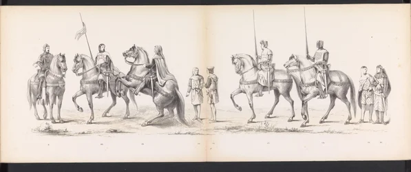Masquerade of the Leiden Students, 1865 (skylt 14) Klädd procession som hölls av medlemmarna i Leidens studentkår den 6 juni 1865, för att fira 290-årsjubileet av Leidsche Hoogeschool, föreställande: holländarnas inträde b.