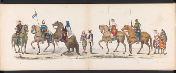 Masquerade of the Leiden Students, 1865 (skylt 14) Klädd procession som hölls av medlemmarna i Leidens studentkår den 6 juni 1865, för att fira 290-årsjubileet av Leidsche Hoogeschool, föreställande: holländarnas inträde b.