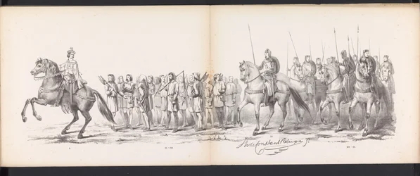 Masquerade of the Leiden Students, 1865 (skylt 15) Klädd procession som hölls av medlemmarna i Leidens studentkår den 6 juni 1865, för att fira 290-årsjubileet av Leidsche Hoogeschool, föreställande: holländarnas inträde b.