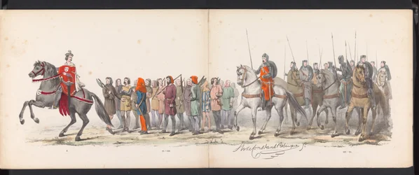 Leidenstudenternas maskerad, 1865 (skylt 15) Klädd procession som hölls av medlemmarna i Leidens studentkår den 6 juni 1865, för att fira 290-årsjubileet av Leidsche Hoogeschool, föreställande: holländarnas inträde b.