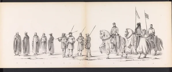 Masquerade of the Leiden Students, 1865 (skylt 3) Klädd procession som hölls av medlemmarna i Leidens studentkår den 6 juni 1865, för att fira 290-årsjubileet av Leidsche Hoogeschool, som visar: holländarnas inträde i