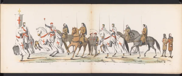 Masquerade of the Leiden Students, 1865 (skylt 5) Klädd procession som hölls av medlemmarna i Leidens studentkår den 6 juni 1865, för att fira 290-årsjubileet av Leidsche Hoogeschool, som visar: holländarnas inträde i