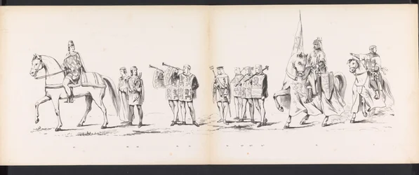 Masquerade of the Leiden Students, 1865 (skylt 6) Klädd procession som hölls av medlemmarna i Leidens studentkår den 6 juni 1865, för att fira 290-årsjubileet av Leidsche Hoogeschool, som visar: holländarnas inträde i