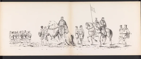 Masquerade of the Leiden Students, 1865 (skylt 7) Klädd procession som hölls av medlemmarna i Leidens studentkår den 6 juni 1865, för att fira 290-årsjubileet av Leidsche Hoogeschool, som visar: holländarnas inträde i