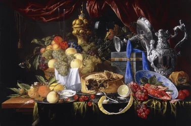En paj på en tenn tallrik, en delvis skalad citron, en silversked på en tenn tallrik, kräftor och räkor i en Wanli Kraak Porselein skål, 1649