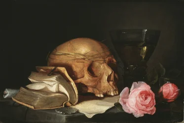 Ett Vanitas stilleben med en skalle, en bok och rosor, c.1630