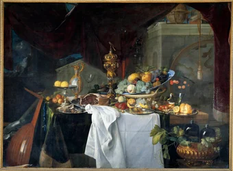 En stilleben bordsdessert täckt med rätter med musikinstrument. Målning av Jan David Heem (1606-1684) 1640 sön. 1,49x2,03 m