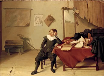 Interiör av ett rum med en ung man vid ett bord, 1628