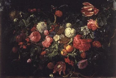 Stilleben av blommor och frukt