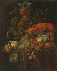 Stilleben med frukt och hummer