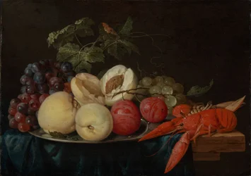 Stilleben med frukt och en hummer