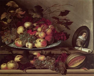Stilleben med frukt och ett självporträtt