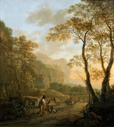 Landskap med vilande resenärer och oxkärra, ca. 1645