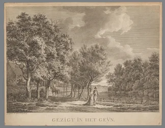 Landskap med ett par som går längs Geins strand Gezigt in het Geÿn (titel på objekt)