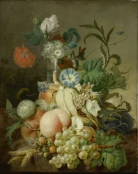 Stilleben med blommor och frukt