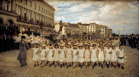 La revue des ecoles en 1878 Målning av Jan Verhas (1834-1896) 1878 Sön. 2,41x4,02 m Bryssel, Beaux Arts royale - Skolornas parad 1878. Målning av Jan Verhas (1834-1896)