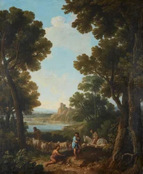 Ett klassiskt landskap med herdar och ryttare (olja på duk)