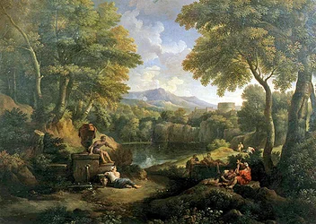 Landskap med figurer vid en brunn (olja på duk)