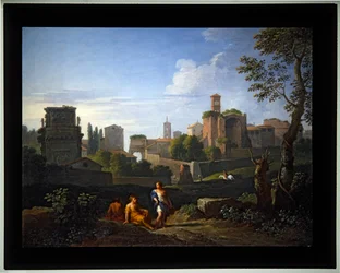 Set om fyra Cappricio; (4) Konstantins och Titus bågar Campidoglios torn, Venus tempel och Santa Francescas klocktorn Ronana (canvas)