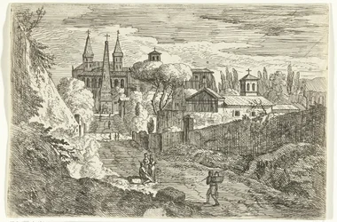 Italienskt landskap med resenärer vid stadsmuren