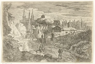 Italienskt landskap med resenärer vid stadsmuren