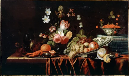 Stilleben med frukt, blommor och kräftor