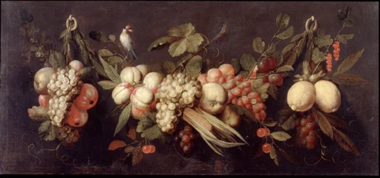 Stilleben med frukt och en fågel