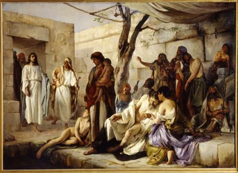 Miraklet vid poolen i Bethesda. Belägen på vägen från Beth Zeta (Israel) till Jerusalem, närmar sig Jesus Kristus bassängen där de förlamade samlas och botar mirakulöst en sjuk person. Målning av Jan