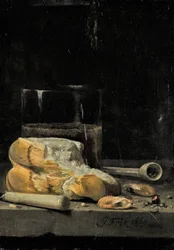 Stilleben av bröd, räkor, en pipa och ett glas öl på ett bord