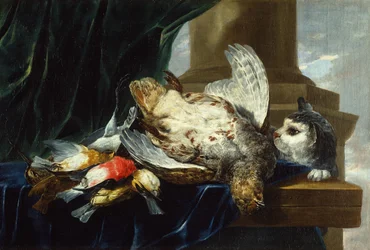 En död rapphöna och andra fåglar på en stenkant med en katt (olja på duk)
