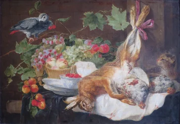 Hare, frukt och papegoja