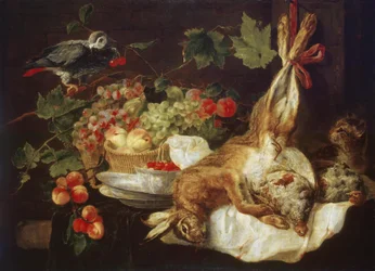 Hare, frukt och papegoja
