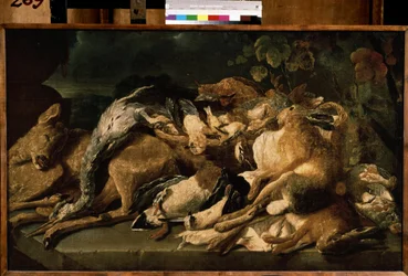 ""stilleben med vilt"" (stilleben) Hare, doe, ankor. Målning av Jan (Johannes) Fyt (1611-1661) 1640 Pushkin Museum, Moskva