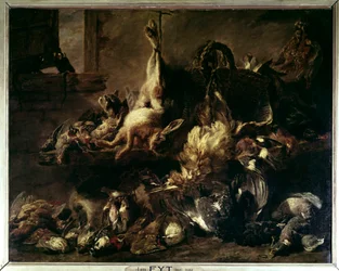 Spridning av vilt i en vakt som äter med en katt och två apor Målning av Jan Fyt (1611-1661) (ec.flam.) 1600-talet sön. 0,86 X 1,76 m Paris, Louvren