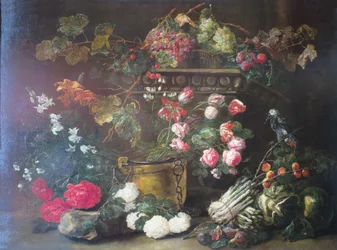 Stilleben med blommor, frukt och en papegoja