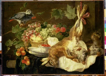 Stilleben med hare, frukt och papegoja, 1647