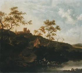 Ett flodlandskap med en herre till häst och bönder i en färja, en taverna under ett slott bortom