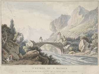 Utsikt över bron vid Saint Maurice i Schweiz L