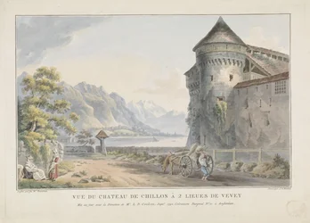 Utsikt över Chillon kasteel Castle Vue du Chateau de Chillon à 2 lieues de Vevey (titel på objekt)