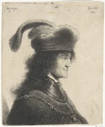 Byst av man med halsstycke och hatt med fjäder (George Rakaczy I)