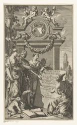 Rättvisa lär ut lagarna i Utrecht Costumen Usantien och polis i staden Utrecht (titel på objekt) Titelsida för Willem Van der Meulen, Costumen, usantien, policien ende style van literen, der Stadt Utrecht, 1709