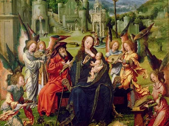 Ängelmusiker, detalj av en central panel av en triptyk som visar den heliga familjen med St Catherine och St Barabara (olja på trä)