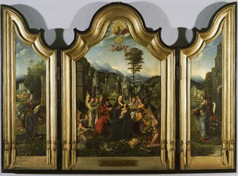 Den heliga familjen med Saint Catherine och Saint Barbara Triptych, ca. 1505
