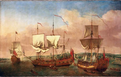 Skeppet "Peregrine" och andra kungliga fartyg utanför Greenwich, omkring 1710. Olja på duk, ca 1710-1715, av Jan Griffier (1645-1718).