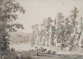 The Watermill by the Ford (penna och brunt bläck och grått tvätt på papper)